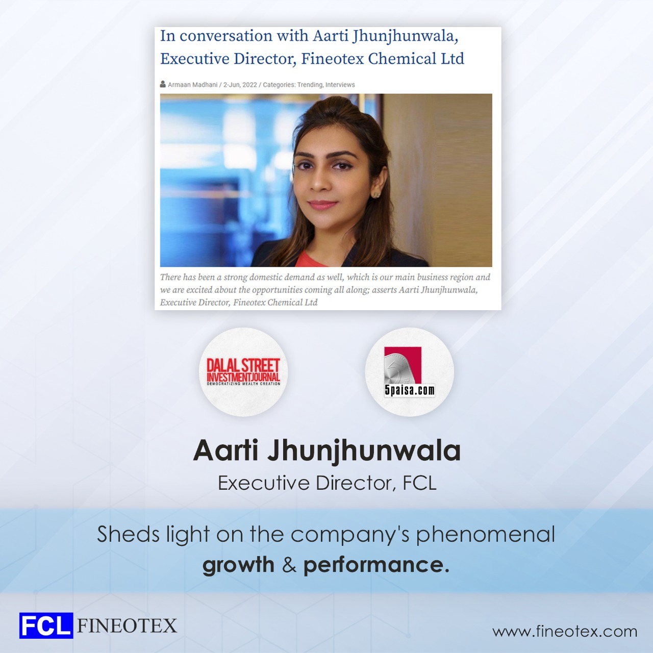 Ms. Aarti Jhunjhunwala in a series of interviews with DSIJ and 5paisa, talks about the company’s revenue growth and the outlook for FY23